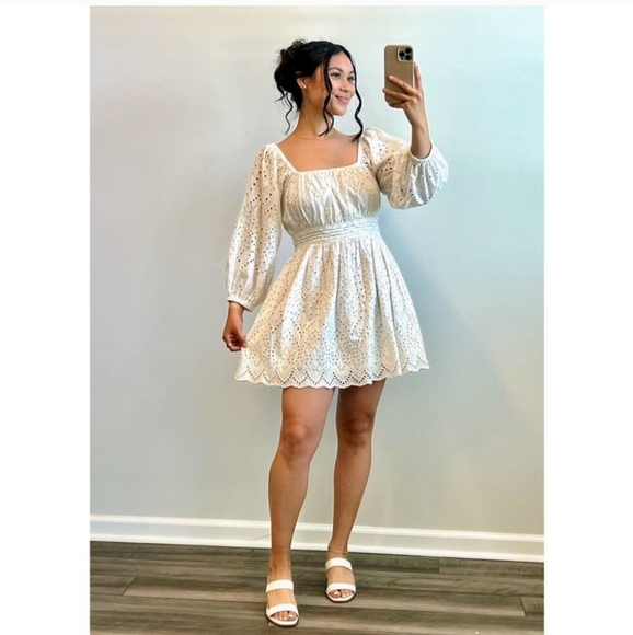 CleoBella Aria Mini Dress White Small Long Sleeve Embroidered Eyelet Tasseled - Picture 2 of 7